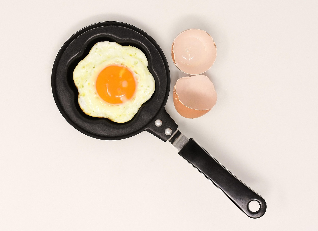 Scrambled eggs in non-stick pan close-up