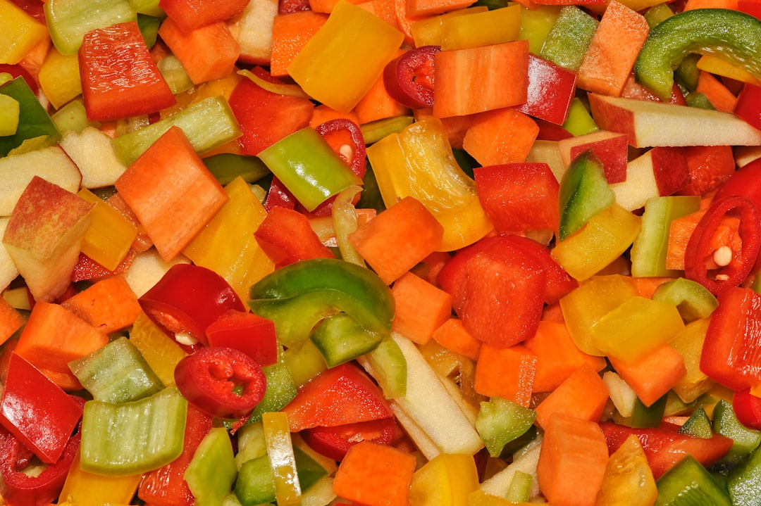 Vegetable chopper with diced vegetables in organized containers