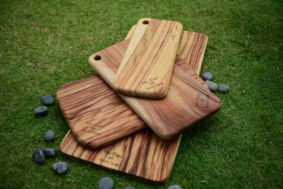 End grain wooden cutting board in a well-lit kitchen