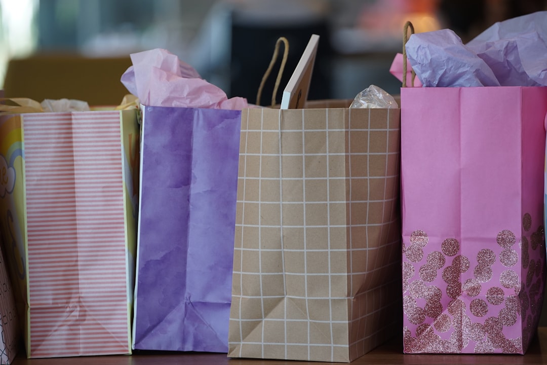 Kraft paper bags with handles arranged for party favors