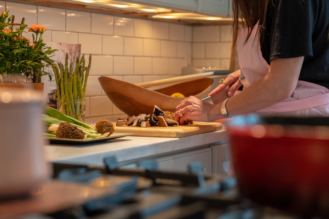 Fresh kitchen prep with vegetables and cutting board