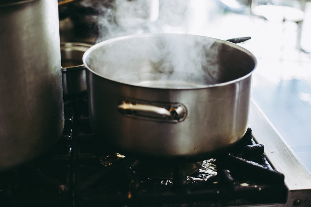 Stockpot steaming with a hearty soup