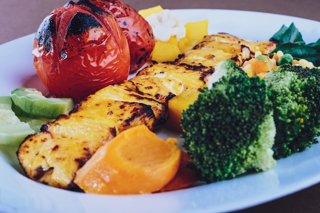 Grilled vegetables and skewers on a platter