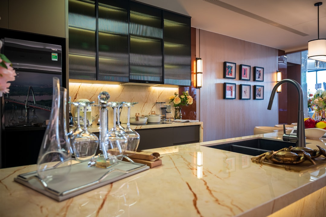 Warm LED under-cabinet lighting illuminating a kitchen counter