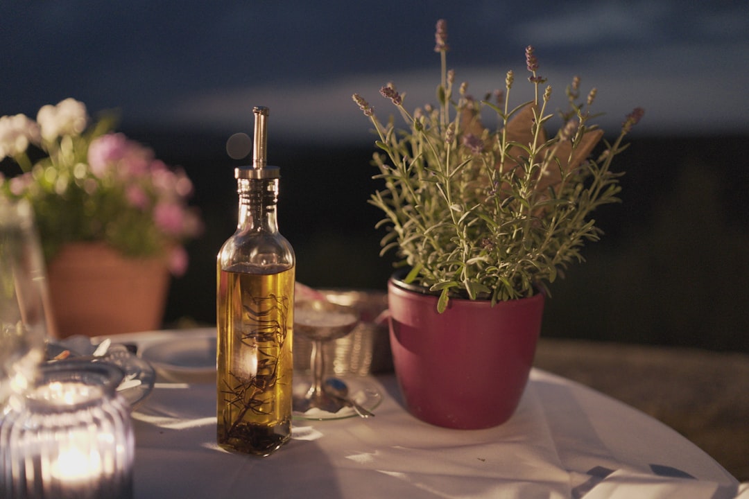 Olive oil sprayer next to cooking ingredients