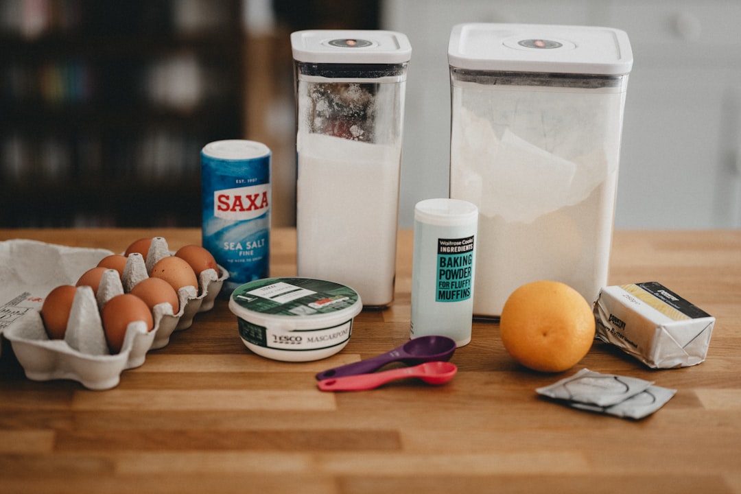 Baking ingredients flour and eggs on counter