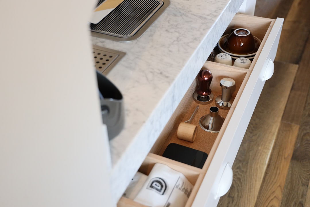 Organized home coffee bar counter setup