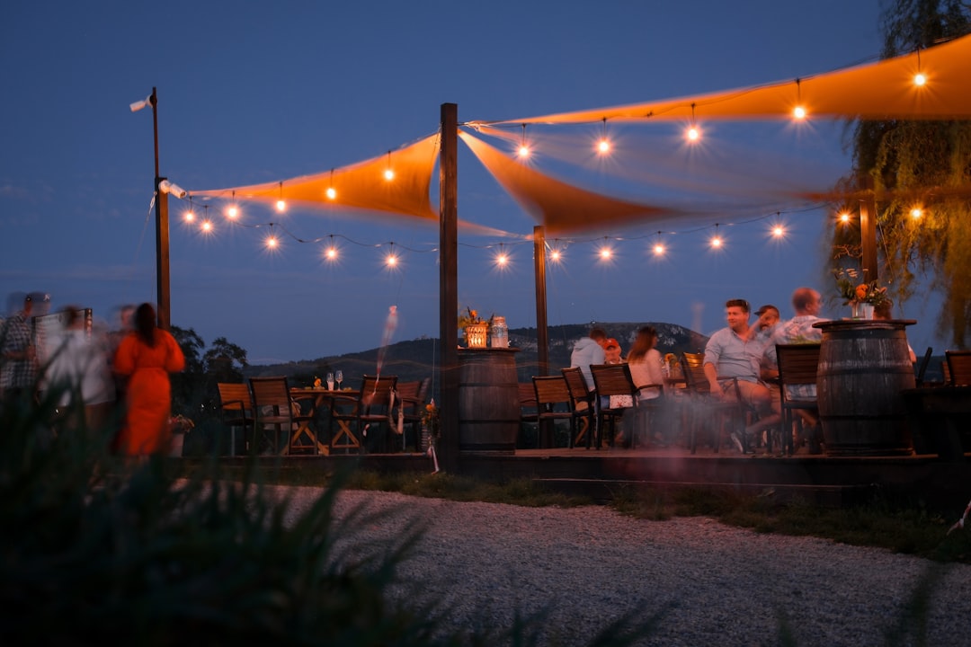 Outdoor patio grilling setup at dusk