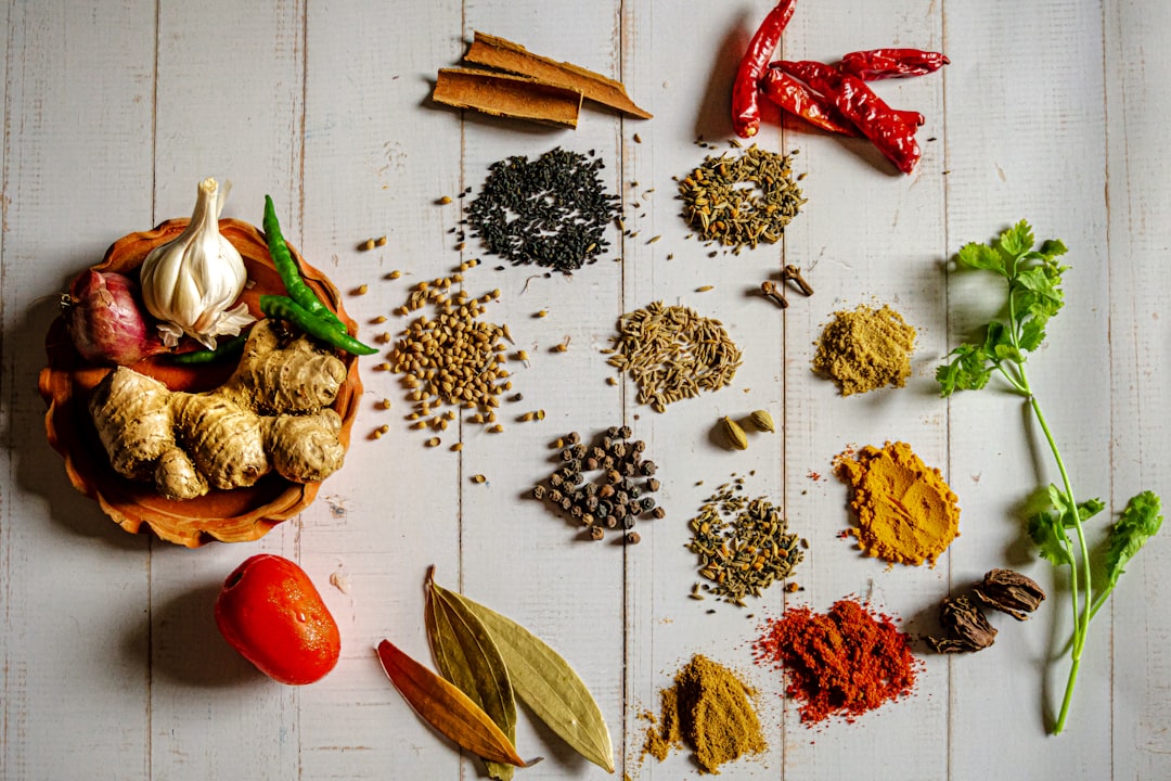 Colorful herbs and spices arranged for cooking