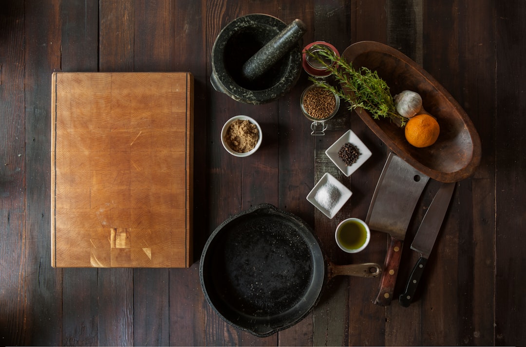 Rustic kitchen table with food spread