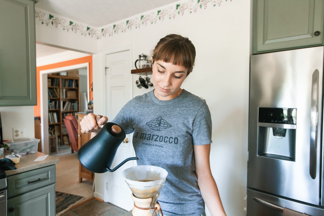 Pour over coffee brewing setup on a kitchen counter