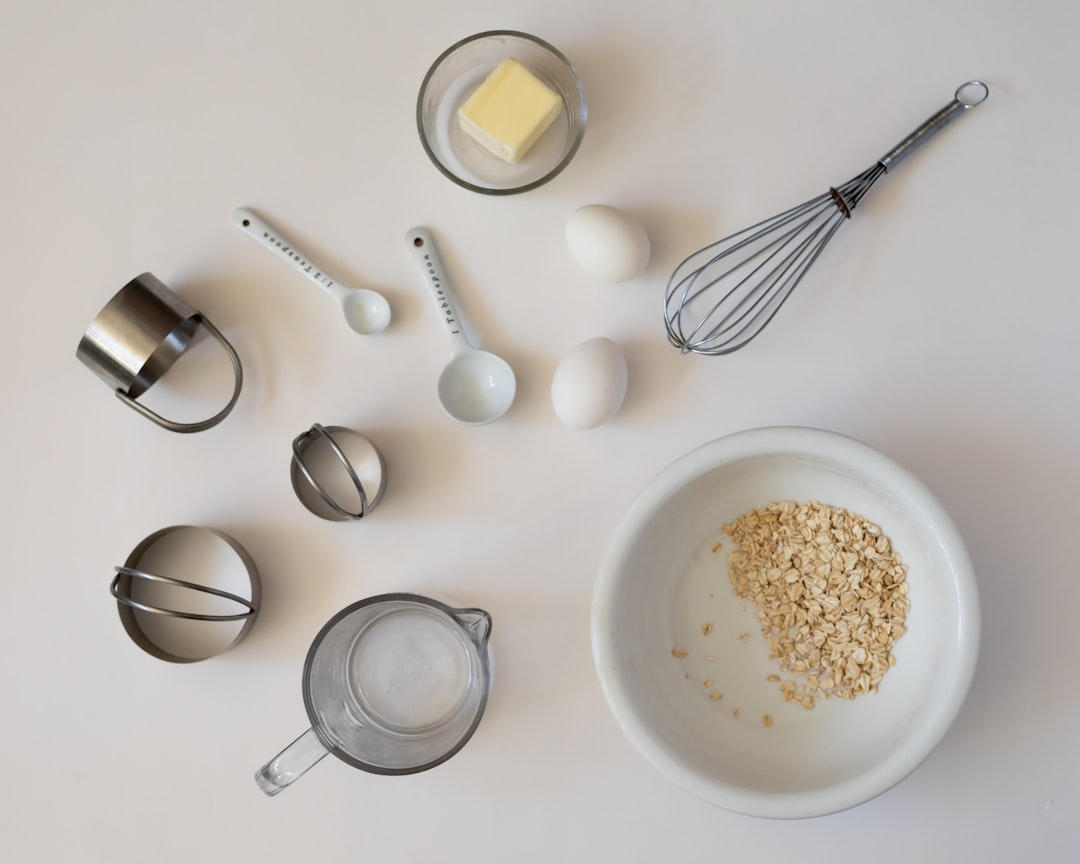 Flat lay of pie baking tools on a wooden counter