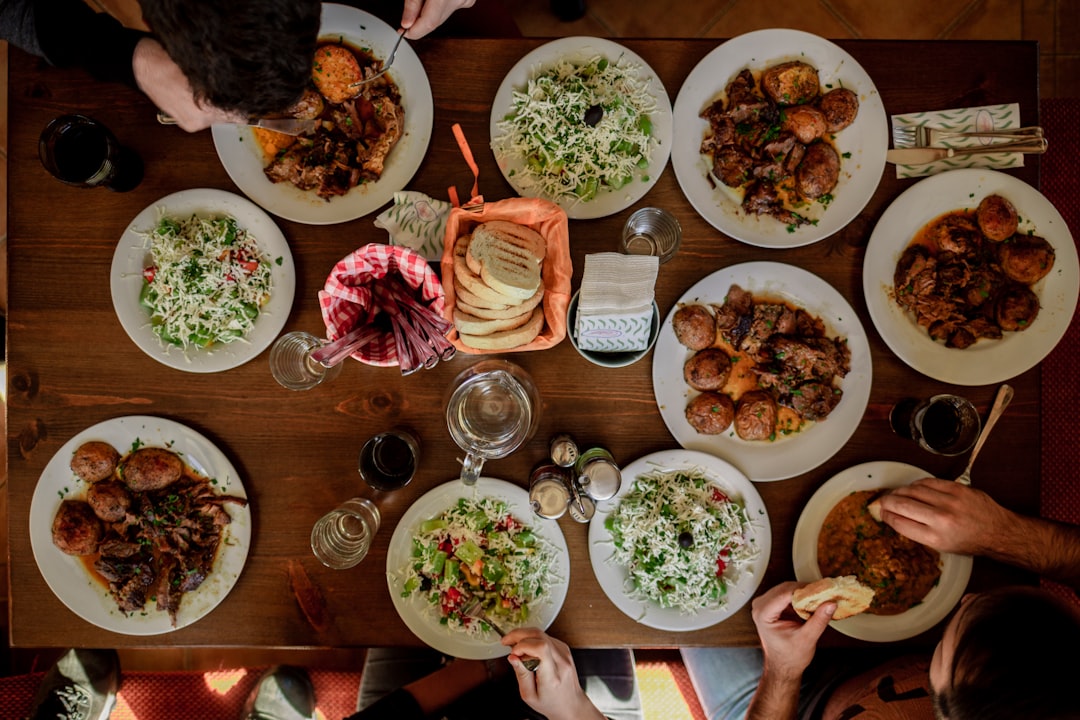 Family dinner table with food spread