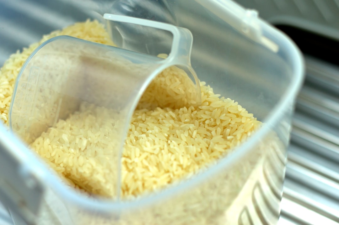 Scoop and sealed dry goods container in a pantry