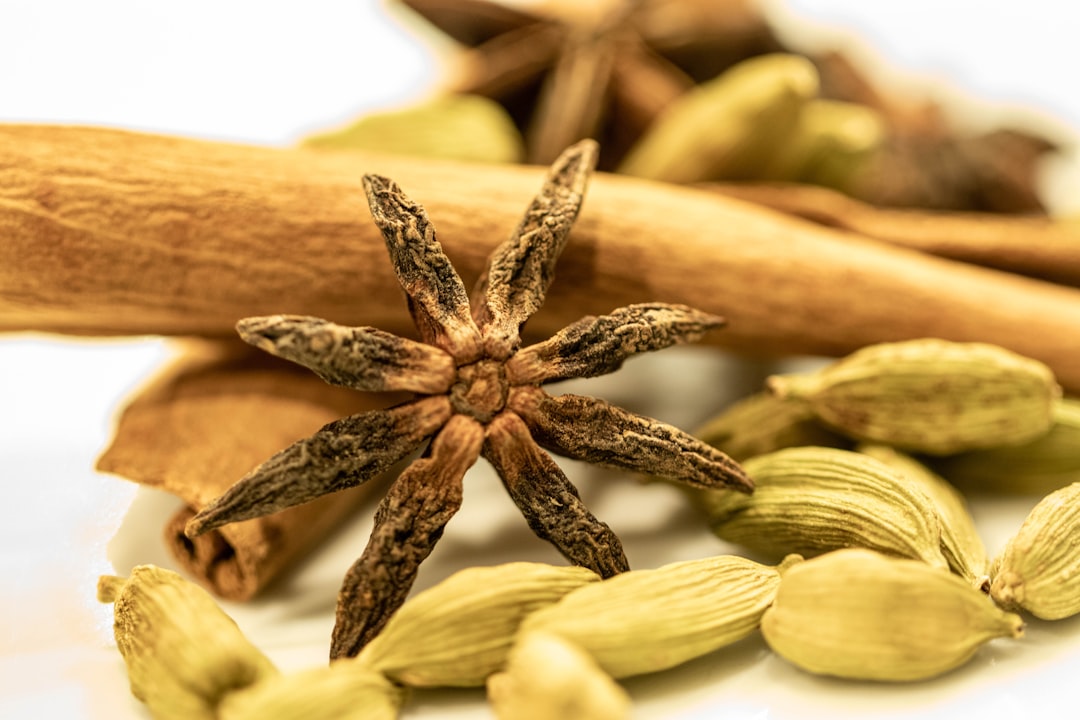 Whole star anise spices arranged on a dark surface