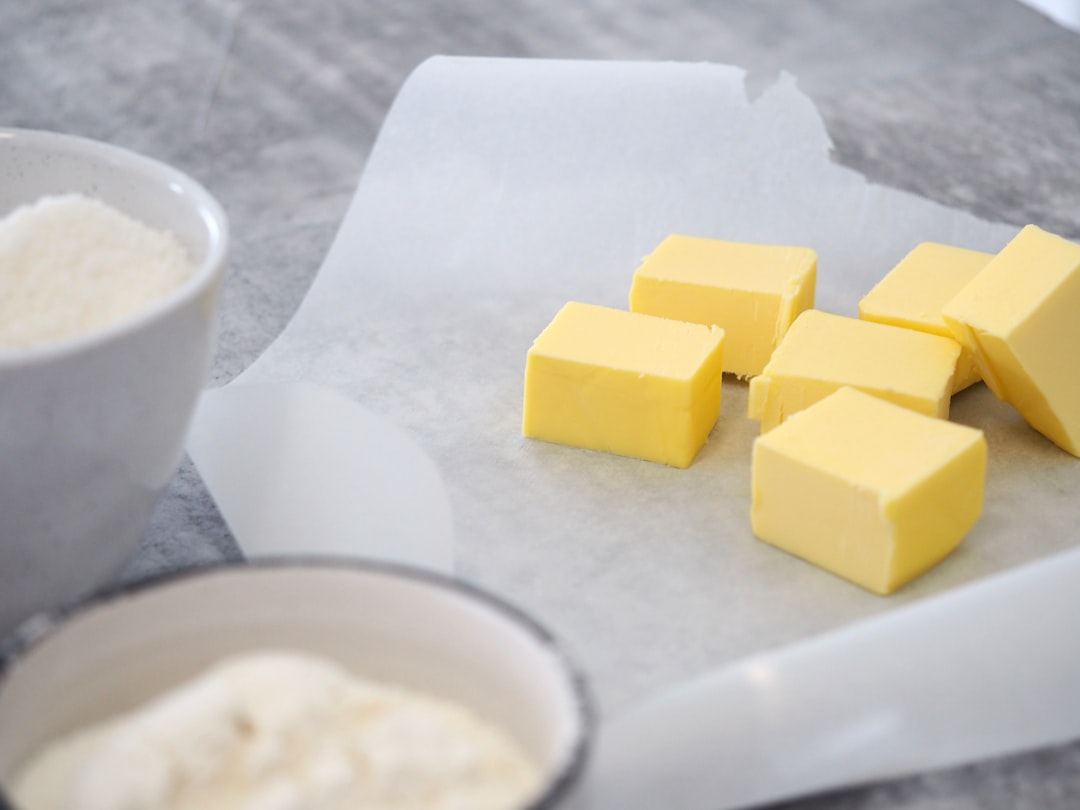 Cold butter cubes ready to be cut into flour