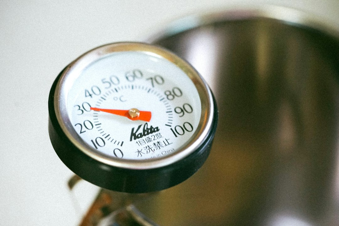 A stainless steel oven thermometer sitting on an oven rack