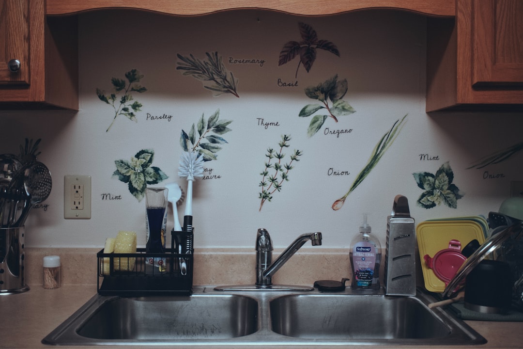 Dish brush and cleaning tools at a kitchen sink