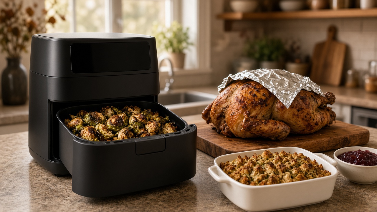 A black air fryer on a kitchen counter with its drawer of crisp Brussels sprouts pulled open, beside a foil-tented roasted turkey resting on a carving board, a dish of stuffing, and cranberry sauce