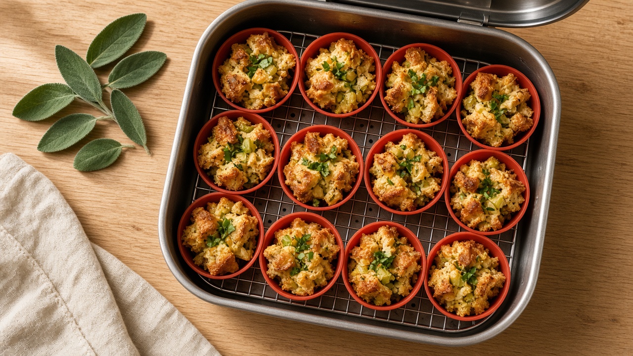 Overhead view of a dozen golden, crispy stuffing bites in red silicone baking cups on a wire rack inside a metal air fryer pan, with fresh sage leaves beside it