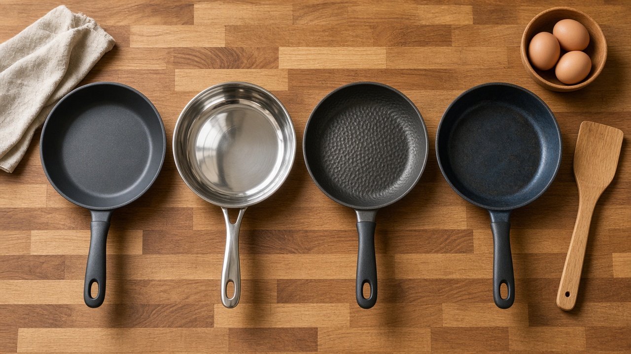 Overhead view of four unbranded skillets on a butcher block: dark nonstick, polished stainless, dimpled titanium, and blue-black carbon steel