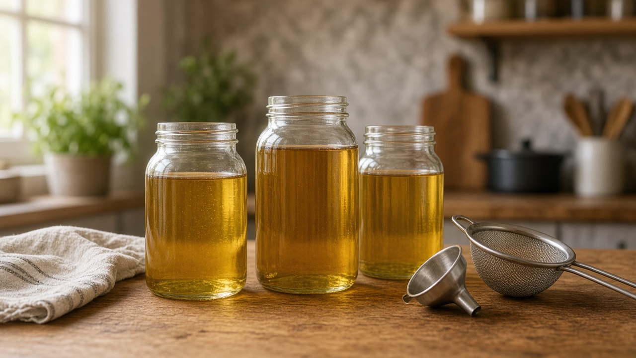 Three glass jars of strained golden frying oil beside a fine mesh strainer and funnel on a kitchen counter