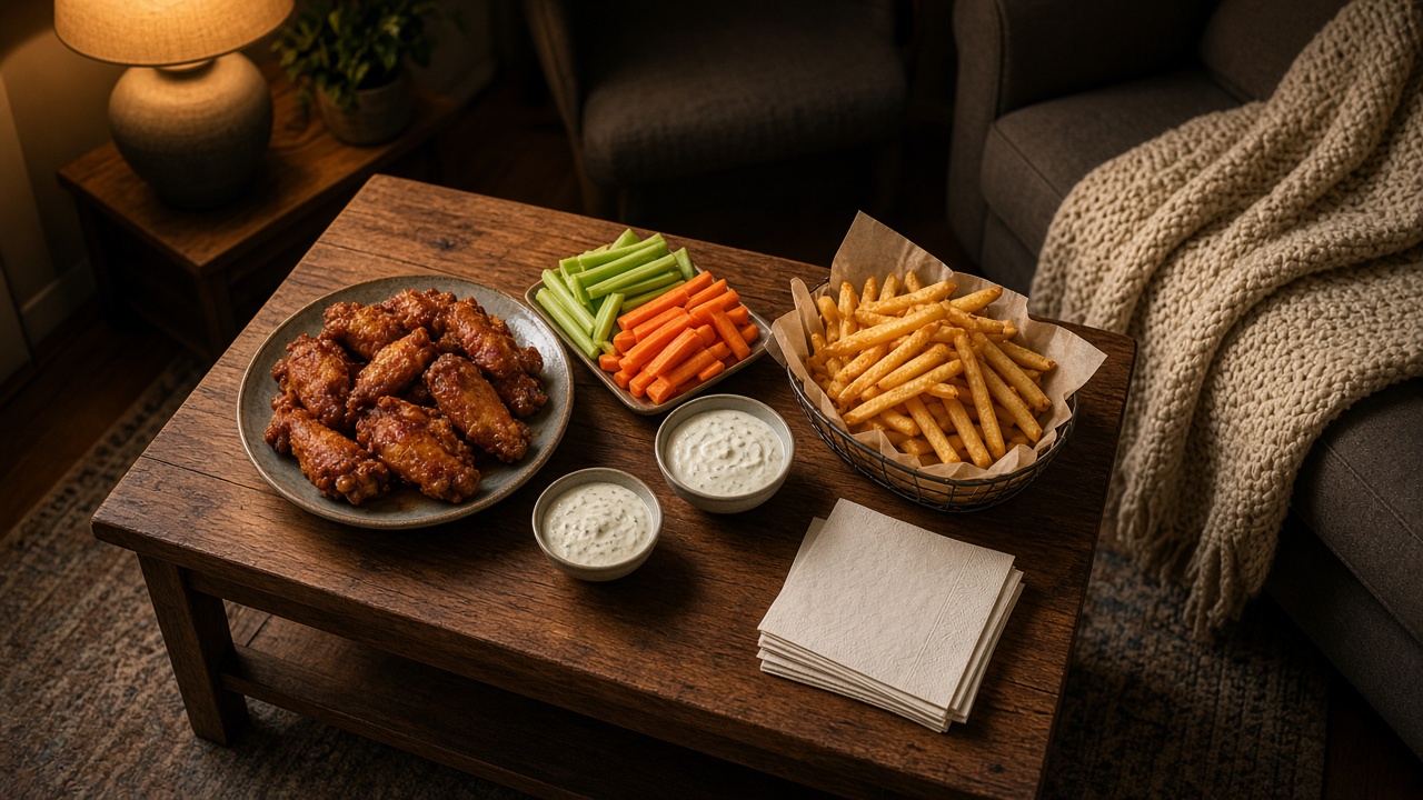 A cozy living-room coffee table set with a plate of fried wings, a basket of fries, celery and carrot sticks, and two dipping sauces
