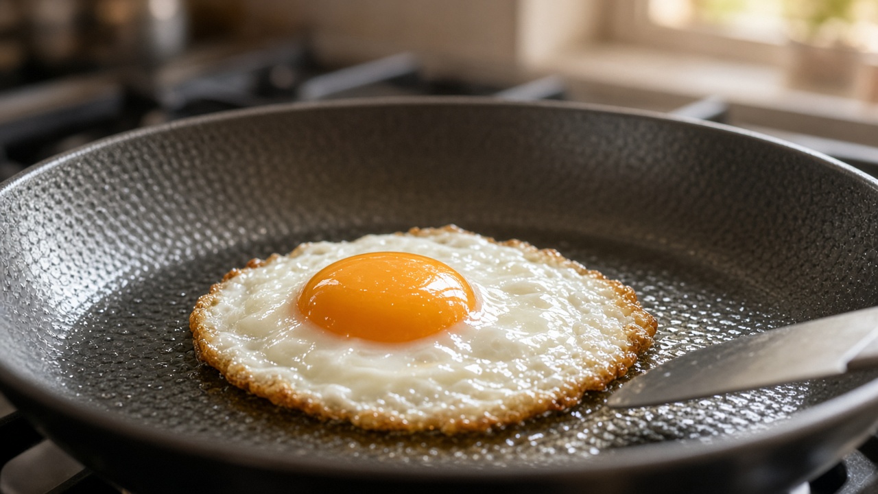 A fried egg with crisp edges in a dimpled dark titanium-surface skillet as a spatula slides in to test the release