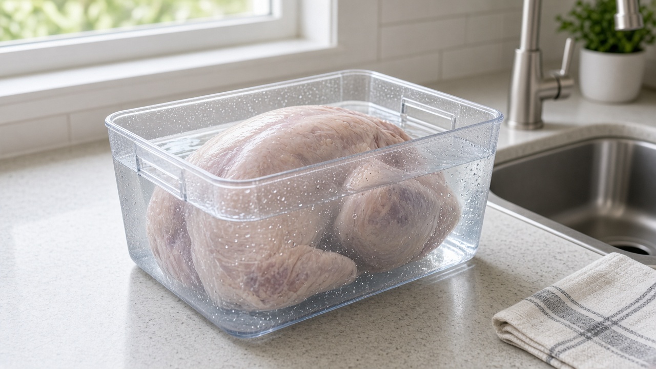 Wrapped turkey fully submerged in a clear plastic tub of cold water on a light stone counter beside a stainless steel sink and a striped kitchen towel
