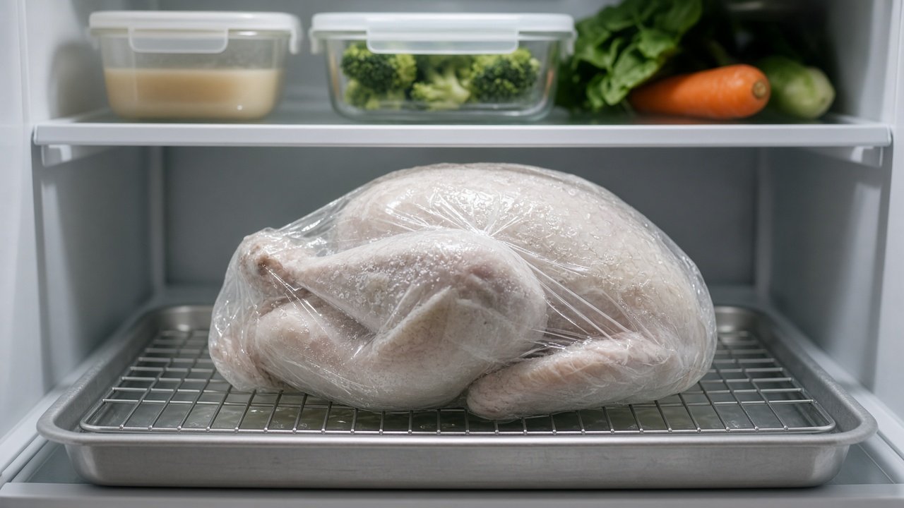 Frozen turkey in clear plastic wrap on a wire rack set in a rimmed sheet pan on the bottom refrigerator shelf, with glass containers of broth and broccoli and fresh carrots and greens on the shelf above