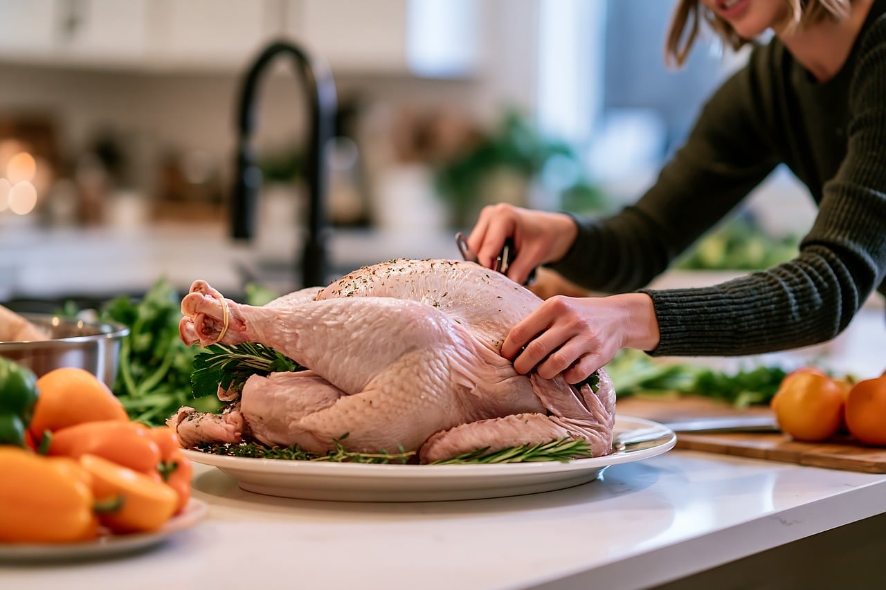 Home cook seasoning a fully thawed raw turkey with fresh herbs on a white platter in a bright kitchen